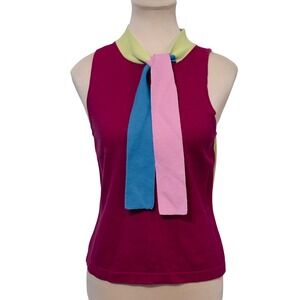 Mia Nola Women Sleeveless Knit Tie Neck Top Size M Pink Green Blue Preppy Whimsy